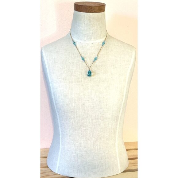 Gold Tone Chain Necklace With Aqua Glass Beads and Teardrop Pendant - Picture 5 of 5